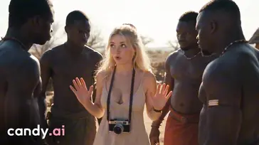 Eine Wunderschöne Fotografin Umgeben Von Attraktiven Schwarzen Männern In Einem Afrikanischen Stamm