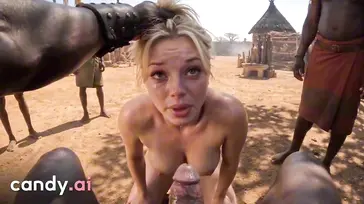 Eine wunderschöne Fotografin, umgeben von attraktiven schwarzen Männern in einem afrikanischen Stamm