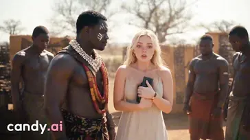 Eine wunderschöne Fotografin, umgeben von attraktiven schwarzen Männern in einem afrikanischen Stamm
